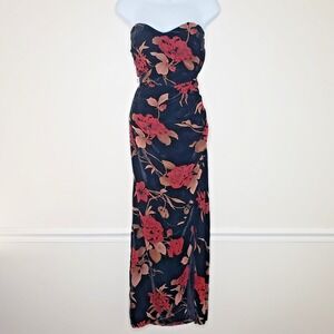 Lulus Velvet Burnout Strapless Gown Sz S Dress Floral Side Slit Formal Goth Vamp